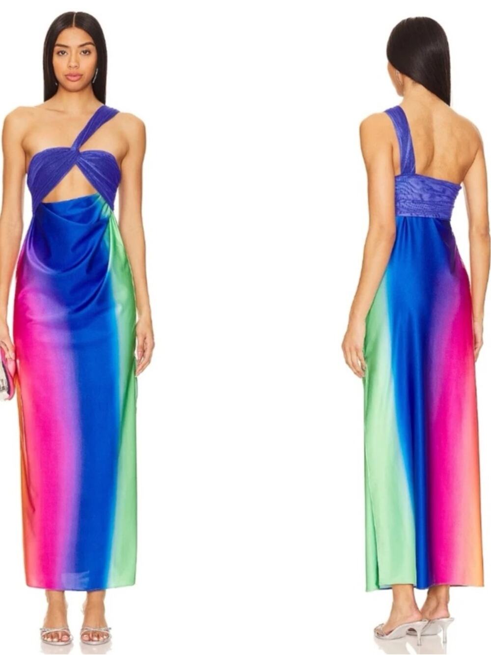 BAOBAB Eliza One Shoulder Cutout Rainbow Ombre Dawn Maxi Dress Size Medium